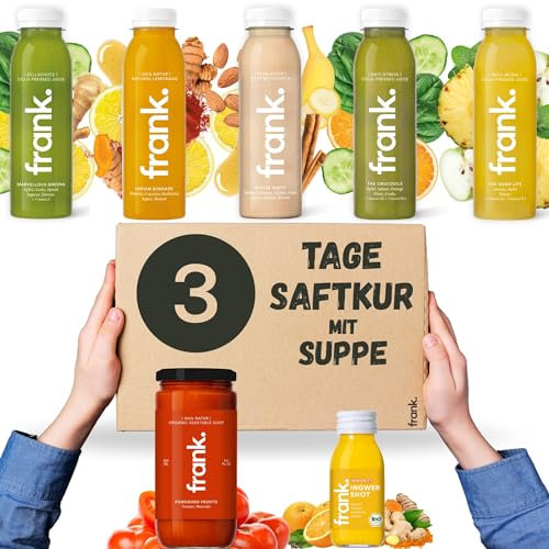Frank Juice Saftkur 3 Tage mit Suppe | 15 x 330ml Säfte + 3 x 350ml Bio Suppen + 3 x 60ml Bio Ingwer Shot | Direktsaft kaltgepresst Vegan | ideale Fastenkur aus frischem Obst & Gemüse (3,75€ Pfand)