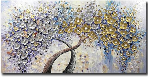 Fokenzary Handgemaltes Leinwandbild, abstrakte moderne Blumen, dicker 3D-Effekt, Messer, gerahmt, fertig zum Aufhängen, 40,6 x 81,3 cm