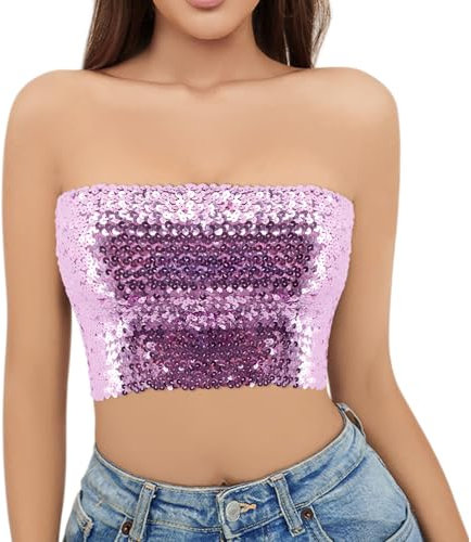 Naimo Top da donna con paillette glitterate, senza spalline, senza spalline, top per feste, lilla rosa, Taglia unica