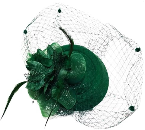 Wambere Damen Fascinator Hut,Vintage Schleier Mesh Federn Blume Clip Stirnband,Fascinator Braut Kopfschmuck,für Frauen und Mädchen für Hochzeit Cocktail Tee Party Kirche Karneval Cosplay,Grün