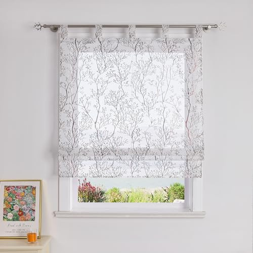 SCHOAL Raffrollo mit Schlaufen Gardine Transparent Vorhang mit Zweig Muster Raffgardinen Modern Schlaufenrollo 1 Stück BxH 80x140cm Braun