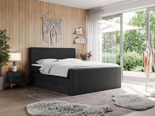 MKS MEBLE King Boxspringbett 120x200, Polsterbett 120x200 mit Bettkasten, Bett 120x200 mit Multipocket-Matratze H3, Boxspringbett 120x200 mit Kopfteil und Topper - H3 Schwarz Kunstleder - Doren