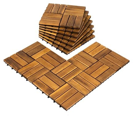AN68 Paquete de 10 azulejos de terraza – 12 x 12 pulgadas entrelazados de madera de acacia maciza natural para exteriores e interiores, patio, jardín, balcón, junto a la piscina – Parent (natural)