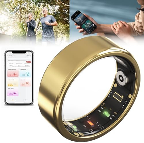 Smart Ring Health Tracker für Frauen und Männer, mit Bluetooth 5.1, Herzfrequenzmesser, HRV, Blutsauerstoffsättigung, Körpertemperatur, Schlaf, Sportübung, Kompatibel mit IOS und Android,Gold-#9