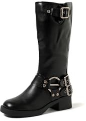 QUEEN HELENA Stivali Biker con Fibbia con Tacco Basso Casual Donna X30-119 (Nero, Sistema Taglie Calzature EU, Adulto, Donna, Numero, Media, 40)