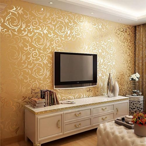 HimYKEA Modern Victorian Damask 3D Embossed Textured PVC Living Room/Bedroom/TV Background Non-Pasted Wallpaper Roll Gold 1.73'W x 31.2'L