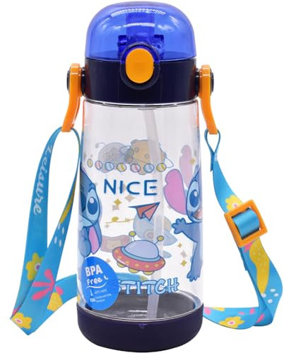 Stittch Kids Water Bottle with Straw, Stittch Flip Top Water Bottle Reusable Water Bottle Leakproof Auto Push Button Reusable Kids Drink Bottle Leak Proof Water Bottle for Kids and Toddlers, 450ml
