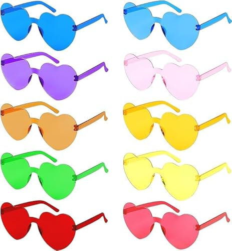 SULOLI 10 Paires Lunettes Soleil Sans Monture en Forme Coeur-Lunettes de Fête Mignon-Lunettes de Soleil Couleur de Bonbons-Lunettes en Forme de Coeur pour Carnaval,Noël,Fête D'anniversaire