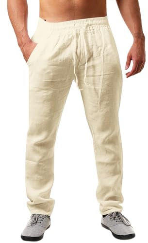 Runcati Herren Leinenhose Einfarbiges Lang Leicht Sommerhose Loose Fit Freizeithose mit Kordelzug für Urlaub Strand Beige XL