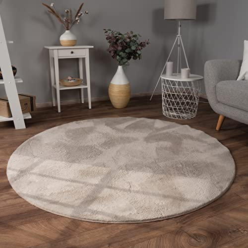 Paco Home Teppich Wohnzimmer Kunstfell weich waschbar modern elegant pflegeleicht Felloptik Uni Seidenglanz flauschig Kurzflor, Grösse:160 cm Rund, Farbe:Beige