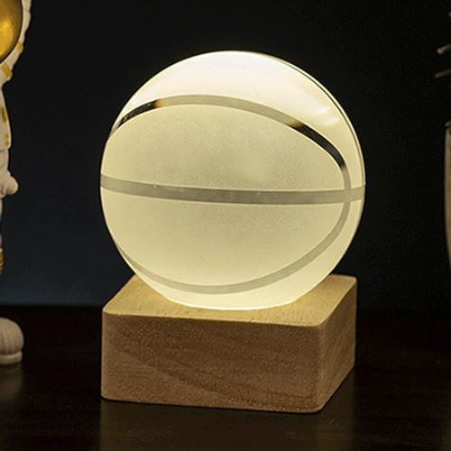 Basketball 3D Nachtlicht, LED-Kristallkugel Lampe mit Holzsockel 6 Farben Basketball Licht Spielzeug Sport Fans Basketball Zimmer Dekor Geburtstagsgeschenke für Jungen Mädchen