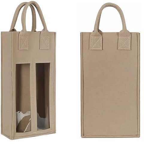 Double Wine Bag with Window - Felt Bottle Gift Bag with Handle - Reusable Bottle Carrier for Party, BBQ, Picnic