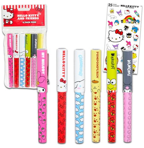 Hello Kitty Penne per bambini e adulti, confezione regalo da 6 penne a sfera con adesivi My Melody, Kuromi, More Plus, set di articoli per la scuola
