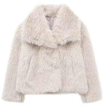 SANSIWU Damen Kunstfelljacke mit Taschen, langärmelig, Revers, flauschig, übergroß, Lammfell-Wintermantel, einfarbig, Jacken, Kurzmantel, milchig, S