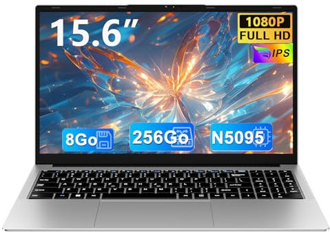 Ordinateur Portable 15,6 Pouces Win11Pro Celeron N5095 8Go RAM 256Go SSD Extension1To 5G WIFI 5000mAh Laptop HDMl PC Portable Souris sans Fil qwerty Clavier avec AZERTY Membrane du Clavier-Argenté