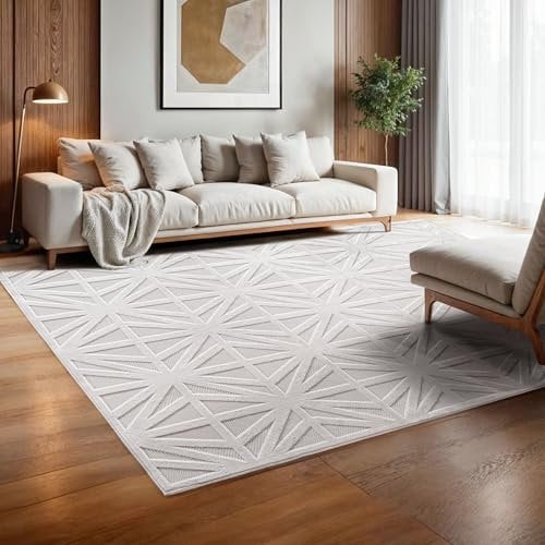 SIMPEX Indoor Outdoor Teppich wetterfest 160x230 cm, 3D Optik, Rauten Design, waschbar, wetterbeständiges, Natur Creme Farbe, Wohnzimmer, Schlafzimmer, Terrassenteppich