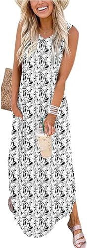 WNEEDU Robe Longue Femmes Robes d'éte Plage Robes sans Manches Col V Décontracté avec Poches Feuilles Noires et Blanches XXL