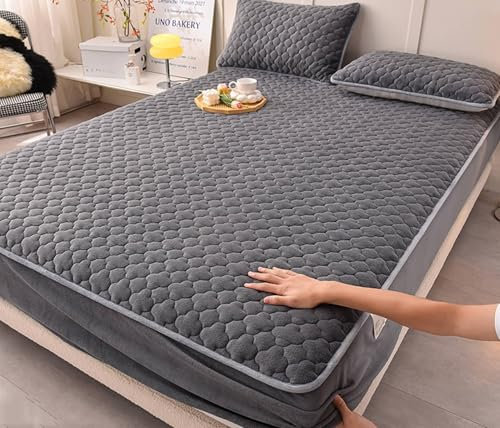 KnSam Dunkelgrau Betttuch 150x200cm Hotel, Spannbettlaken Gesteppt Einfarbig Matratzenschutz, Samt Tagesdecke Unterbett als Schutz für Boxspringbett & Topper