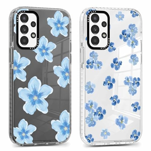 Phoona 2 Stück Handyhülle für Samsung Galaxy A13 4G Hülle 6,6'', Aesthetic Blau Blumen Muster Design Weiche TPU Transparent Schwarz Silikon Schutzhülle Kratzfeste Stoßfest Bumper Case für Mädchen