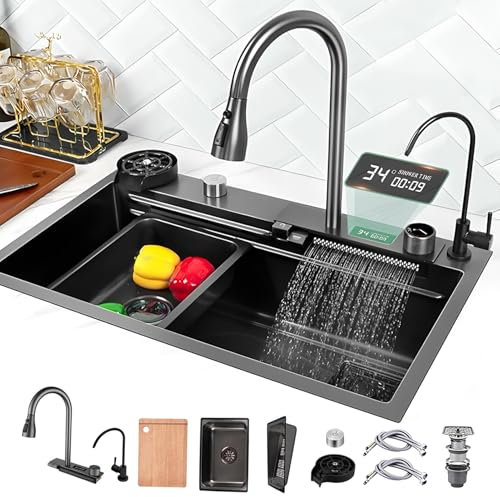 Fregadero Cocina 80x45cm, Fregadero De Acero Inoxidable 1 Seno, Fregadero Cascada Multifuncional, Fregadero Grande Sobre Encimera Con Accesorios Incluidos, Fregadero De Cocina Moderno