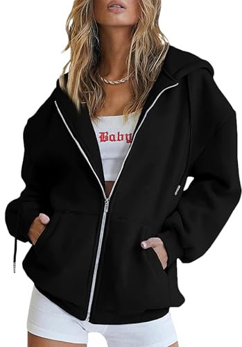 amropi Felpa da Donna Sportivo Giacca con Cappuccio a Cerniera Cappotto Casual Giubbotto Nero,XL
