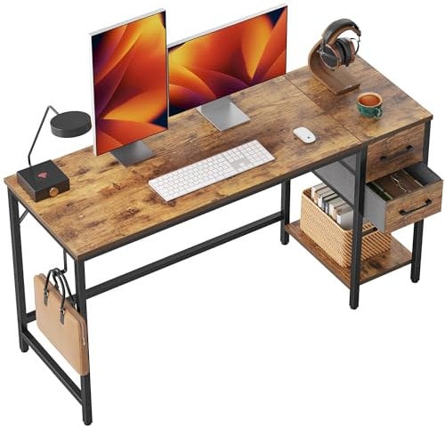Cubiker Schreibtisch 140×50×75cm, Computertisch, PC-Tisch, Bürotisch, mit 2 Schubladen auf der rechten oder linken Seite, fürs Büro, Wohnzimmer, Stahlgestell, Industrie-Design, Vintagebraun