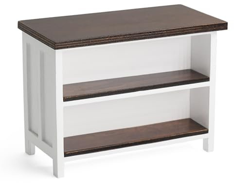 Odoria Casa de Muñecas Isla de Cocina : Escala 1/12 Miniatura Mesa de Comedor para Bar Restaurante Moderno - Mini Mostrador Marrón Muebles Madera con Estantería