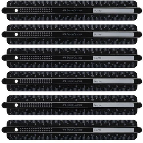 FABER-CASTELL 205241 - Lineal 15 cm, 6 Stück, bruchsichere Lineale Dots schwarz mit Namensfeld