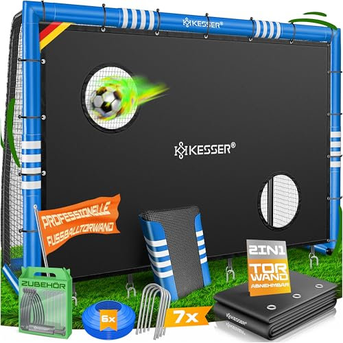 KESSER® Fußballtor – Hochwertiges Fußballtor 300cm mit Torwand, Schusstraining UV-beständigem Netz, Stahlrahmen mit Polsterung, Erdhaken, Luftpumpe, Hüttchen, Montagezubehör für Kinder und Erwachsene