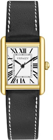 VXFAIZY Rechteckige Damenuhr mit Retro Römischen Zahlen und Lederarmband(Gold Schwarz)