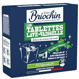 JACQUES BRIOCHIN - 30 tablettes lave-vaisselle parfum fraicheur intense - Action puissante contre les taches - Ultra dégraissante - Vaisselle éclatante même en cycle court et à basse température x30