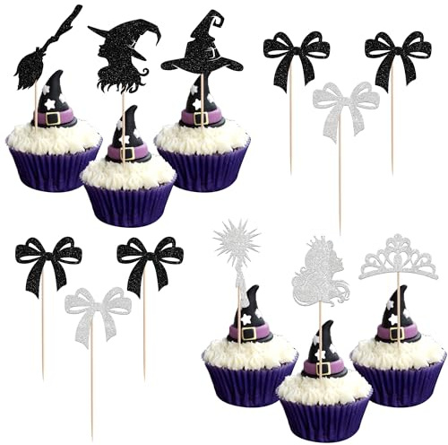 24 Stück Hexe Thema Cupcake Toppers Glitzer Witch Kuchen Deko Hexen Hut Fliege Tortendeko für Hexe Thema Geburtstag Party Cupcake Dekorationen Schwarz Silber