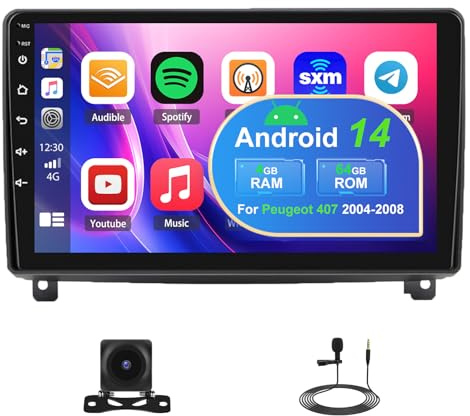 4G+64G Android 14 Radio de coche para Peugeot 407 2004-2008 con inalámbrico Carplay Android Auto 9 Pulgadas Radio con Bluetooth Mirror Link WiFi GPS SWC FM/RDS Micrófono+Cámara de marcha atrás