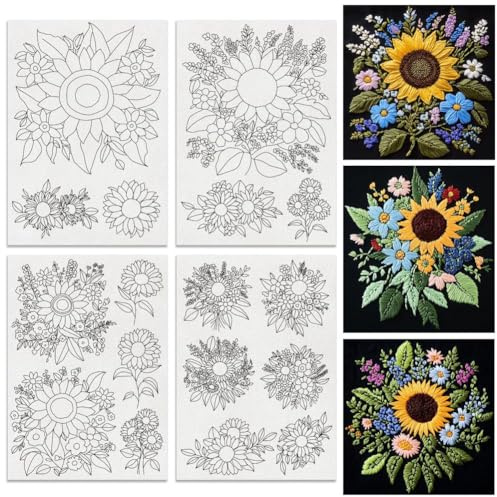 Stickvorlagen Wasserlöslich, 4 Blatt mit 17 Stück Glockenblumenmotiven und Kolibrimotiven, Selbstklebende Stickvorlage, Sticken Für Anfänger, für DIY HandnäHliebhaber Stickerei (B)