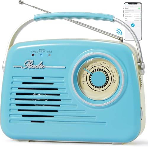Retro Radios Portable AM FM, Battery Powered & Plug-in Wall, Vintage Radio with Bluetooth, Easy to Use Large Dial for Home/Outdoor/Kitchen (Blue)