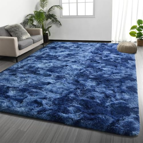 CHENMIAO Teppich Wohnzimmer 70 x 140 cm Anti-Rutsch Extra Große Flauschige Moderne Hochflor Teppich Anti-Rutsch-Rückseite für Kinderzimmer Wohnzimmer, Dunkelblau