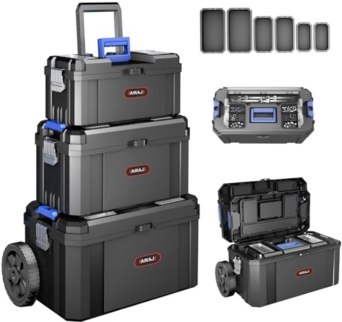 3-in-1 Werkzeugkoffer mit Rollen,Stapelbarer Werkzeugkoffer Leer,Modularer Werkzeugkiste,Oberteil mit Teilebox,mit Abnehmbarer Kleinteilebox,Geeignet für Zuhause,Reparieren und Garage,17+19+21