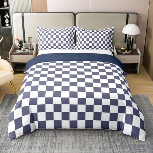 feelingyou Scheckered 100% Natur Baumwolle Bettdecke M Größe Grau Blau Weiß Plaid Patchwork Jungen Bettwäsche Set Geometrische Grid Dekor Modern Einfach Decken Abdeckung, 2pcs