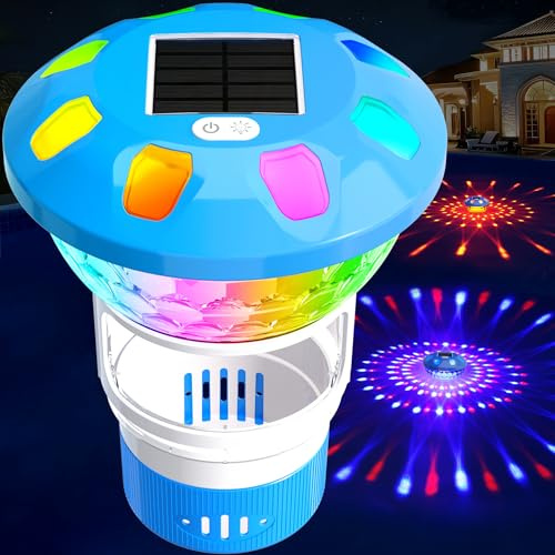 KingSom 2026 Dosierschwimmer Pool, Chlor Dosierschwimmer mit LED-Licht, Tastenbedienung Solar Pool Dosierschwimmer, Einstellbare Pool Chlor Schwimmer für 4 * 3 Chlortabletten, Chlordosierer für Pool