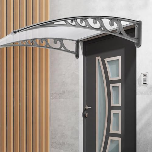 Auvent pour Porte d'entrée Marquise Porte Exterieur de Toit Auvent en Arc de Hangar en Polycarbonateet Cadre pour Maison de Fenêtre de Balcon de Garage,80 x 120 cm (Blanc)