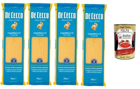 Italian Gourmet De Cecco Capellini Nr. 9 – 4 x 500 g (2 kg) – Sehr feine Spaghetti – Kochzeit ca. 2 Minuten – Hartweizengrieß Pasta – Ideal für Suppen, Brühe, Pesto + Italian Gourmet polpa