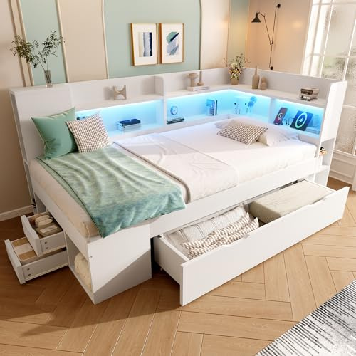 Dolamaní Jugendbett Stauraumbett 90x200 cm im Holz mit LED-Beleuchtung, Stauraum Regalen und Schubladen, Funktionsbett Kinderbett mit USB & Typ-C, Einzelbett, ohne Matratze (Weiß)