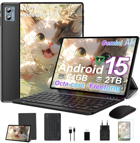 SUAAT 2026 Tablet Android 15 Octa Core Tablets 10 Zoll mit 64 GB ROM + 2 TB TF | 5G + 2,4G WiFi |GMS| Bluetooth 5.0 |8 MP + 5 MP | Typ C,Touchscreen-Tablet mit Hülle, Tastatur und Maus-Schwarz