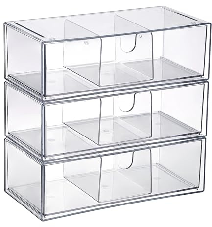 SUMTree 3 Pack Clear Acrylic Storage Drawers Storage Box, 20.7*19.8*10cm | Stackable Makeup Organizer Transparent Storage Drawer for Cosmetics, Hair Accessories, Coffee Capsules, Stationery, Bathroom