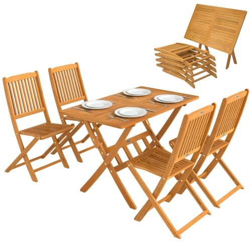Outsunny Set Tavolo e Sedie da Giardino 5 Pezzi Pieghevole Color Legno | Set da Pranzo per Esterno, Legno di Acacia, con 4 Sedie e Tavolo, Design a Doghe, per Terrazza Balcone Patio