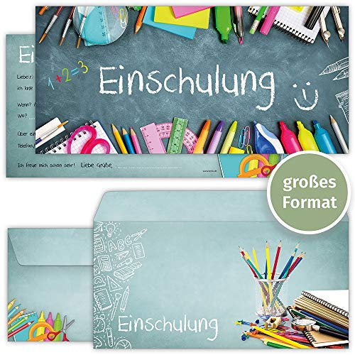 beriluDesign Einschulung Einladungskarten mit Umschlägen (12er Set) zum Schulanfang | Einladungen für Kinder zum Schulbeginn