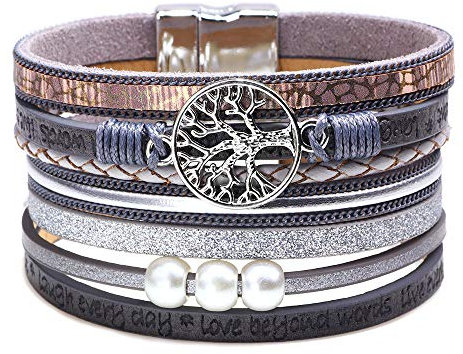 Lederarmband Damen Herren Leder Wickelarmbänder Baum des Lebens Armband mit Magnetverschluss aus Edelstah Bracelet für Frauen & Mädchen (Grau)