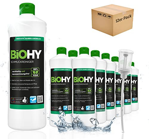 BiOHY Schmuckreiniger (12 x 1 Liter) + Dosierer | Aktive Glanzformel | flüssiges Konzentrat für jedes Ultraschallgerät | für Uhren, Schmuck und Edelmetalle | effektive Ultraschall Reinigung