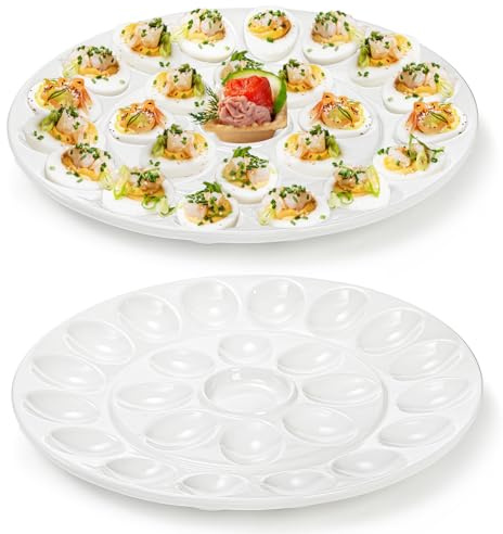 Foraineam 2 Pack 12.6 Inches Porcelain Deviled Egg Tray/Platter, White Egg Dish with 25 Compartments