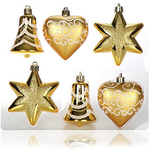 com-four® 6-teiliges Set Christbaumschmuck - Christbaumkugeln in verschiedenen Formen - Glocke, Herz und Stern zum Anhängen am Weihnachtsbaum (goldfarben)